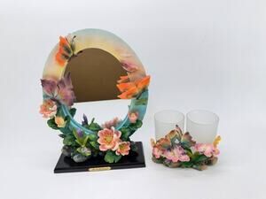 Ali Collections Butterfly Floral Table Mirror & Double Candle Holder Set 2.40 lb